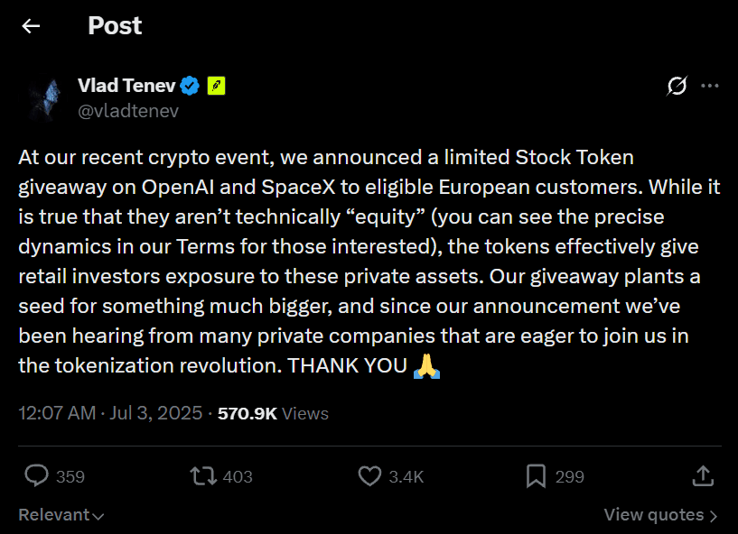 Vlad Tenev on X announcing a limited Stock Token giveaway on OpenAI and SpaceX for eligible European customers